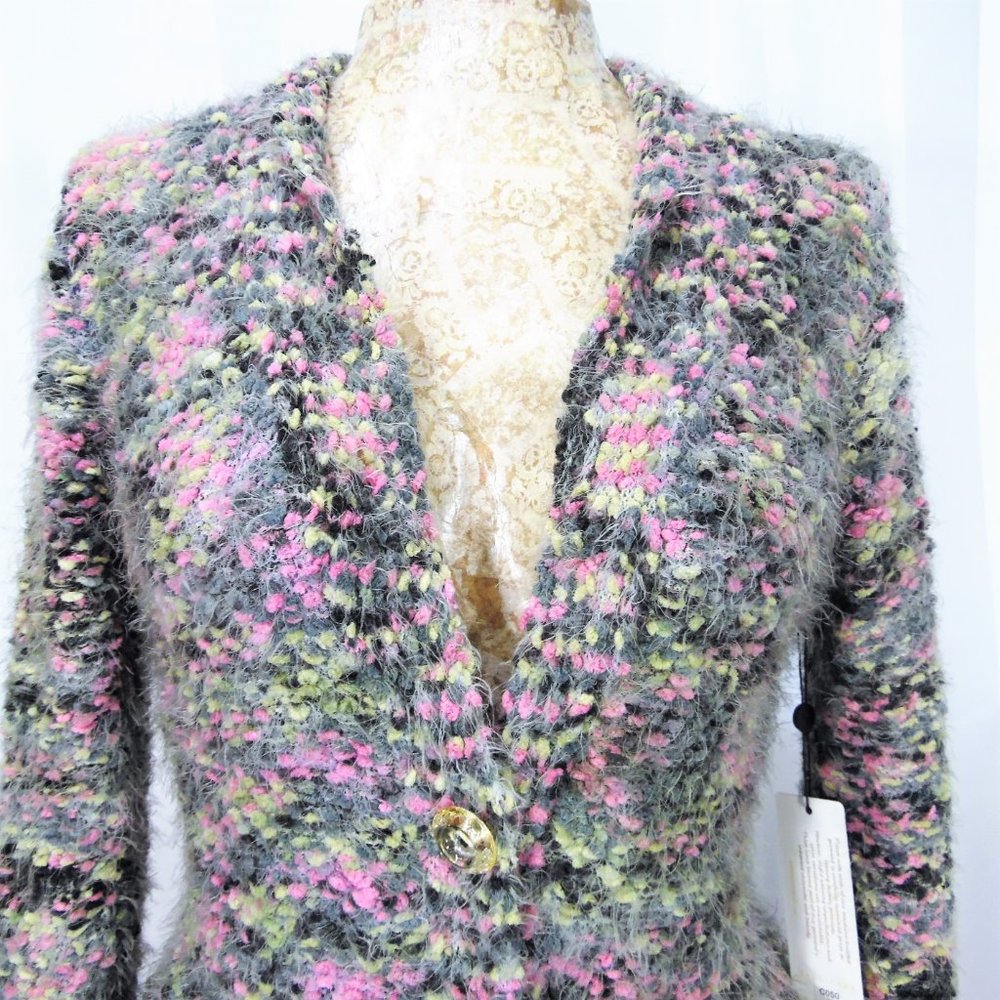 Fuzzy Multicolor Popcorn Knit Button Up Cardigan … - image 2